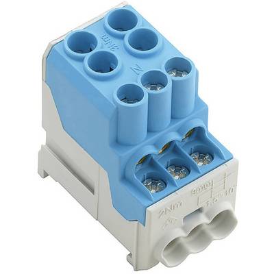 Modrý 5-pólový elektrický konektor pre inštalácie, s otvormi pre pripojenie káblov a stabilnou bielou základňou.