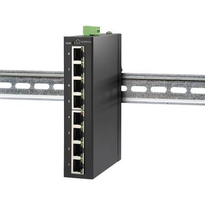 Čierny ethernetový switch s ôsmimi portami je pripevnený na kovovej lište. Hore je viditeľné zelené napájacie pripojenie.