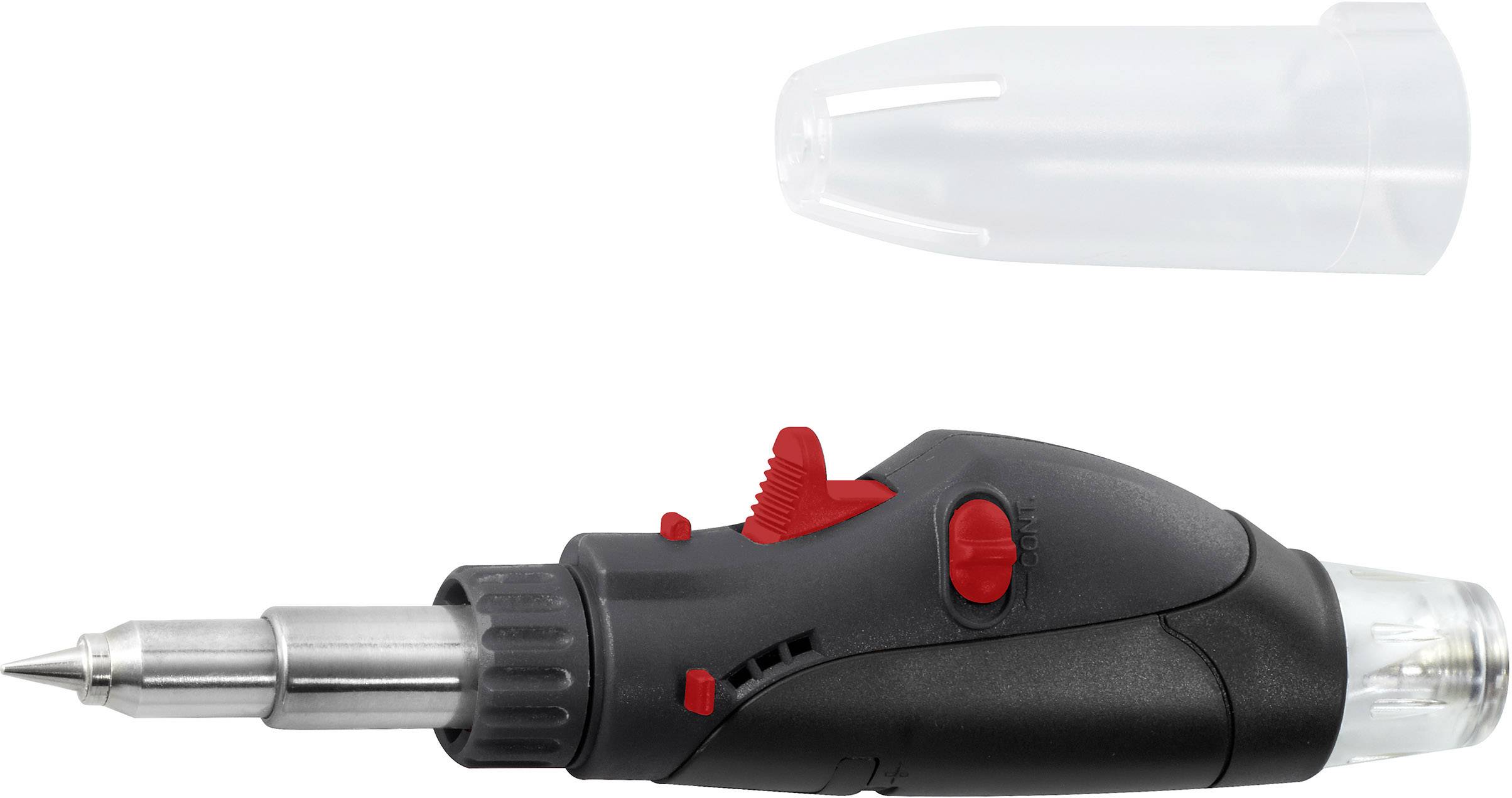 Čierna, batériou napájaná tavná pištoľ s červeným spúšťačom a priehľadným ochranným krytom, na bielom pozadí.