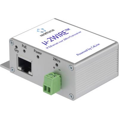 Strieborný ethernetový transceiver s nápisom 'µ-2WIRE'. Má ethernetový a dvojvodičový port.