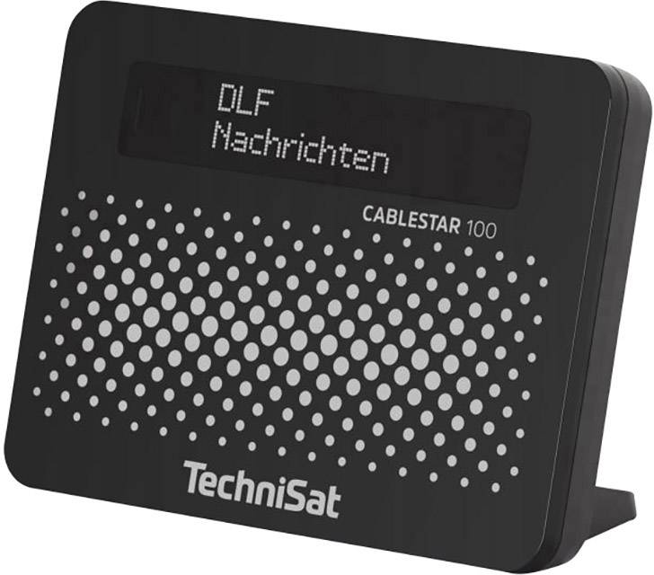 Rádio TechniSat CABLESTAR 100, ktoré zobrazuje 'DLF správy' na digitálnom displeji. Dizajn je čierny a moderný.