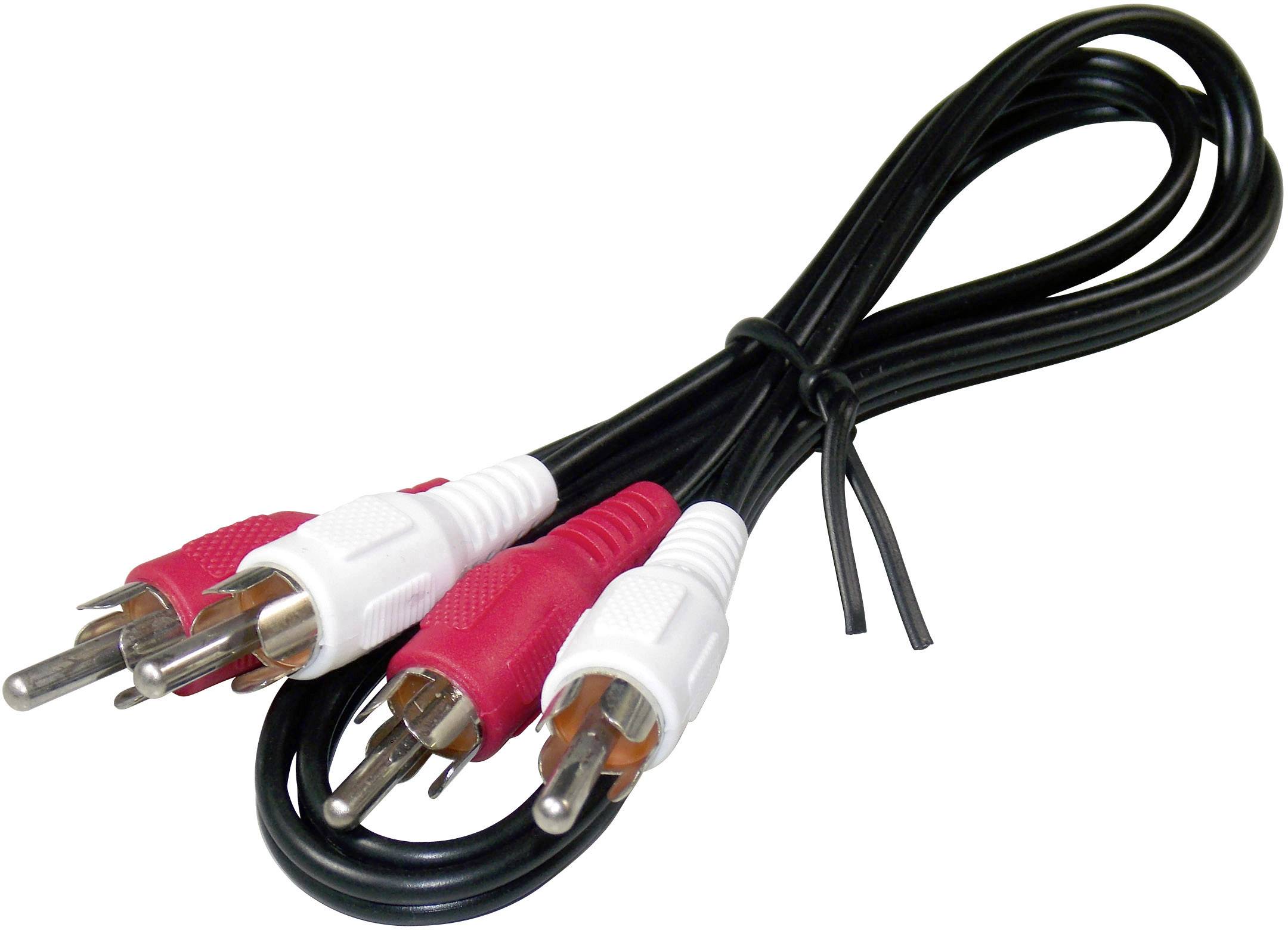 Čierno-červený audioकábel s RCA konektormi na prepojenie audio zariadení.