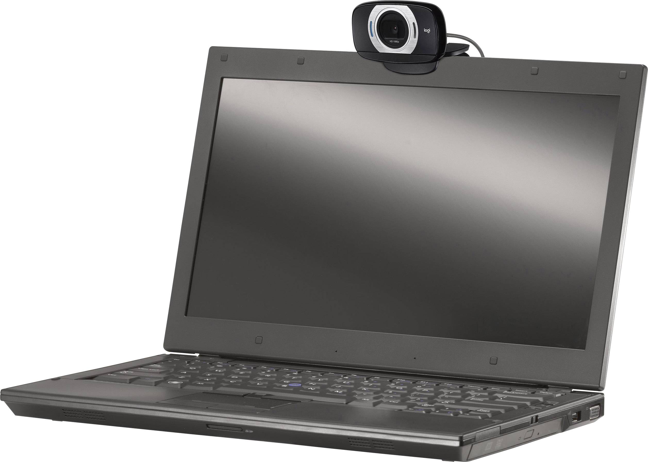 Otvorený notebook s webkamerou na obrazovke. Notebook je čierny a webkamera je umiestnená priamo v strede hore.