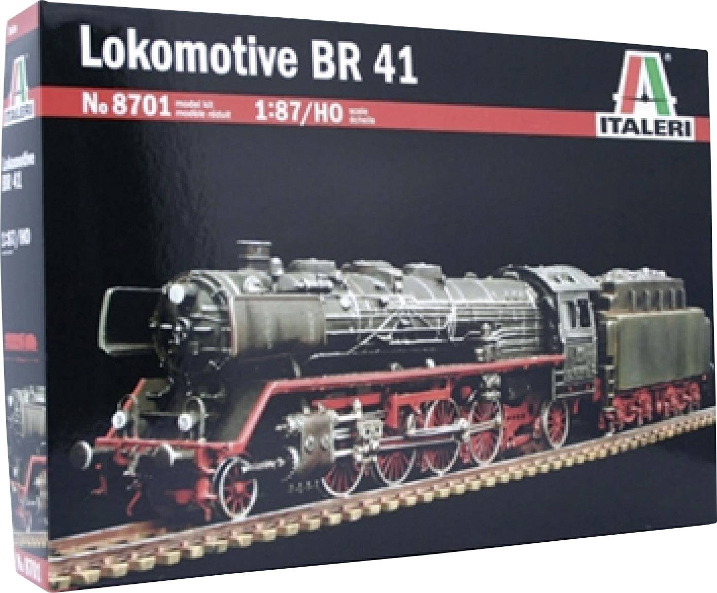 Model železničnej lokomotívy od Italeri s nápisom 'Lokomotíva BR 41' zobrazuje podrobný model historickej parnej lokomotívy.