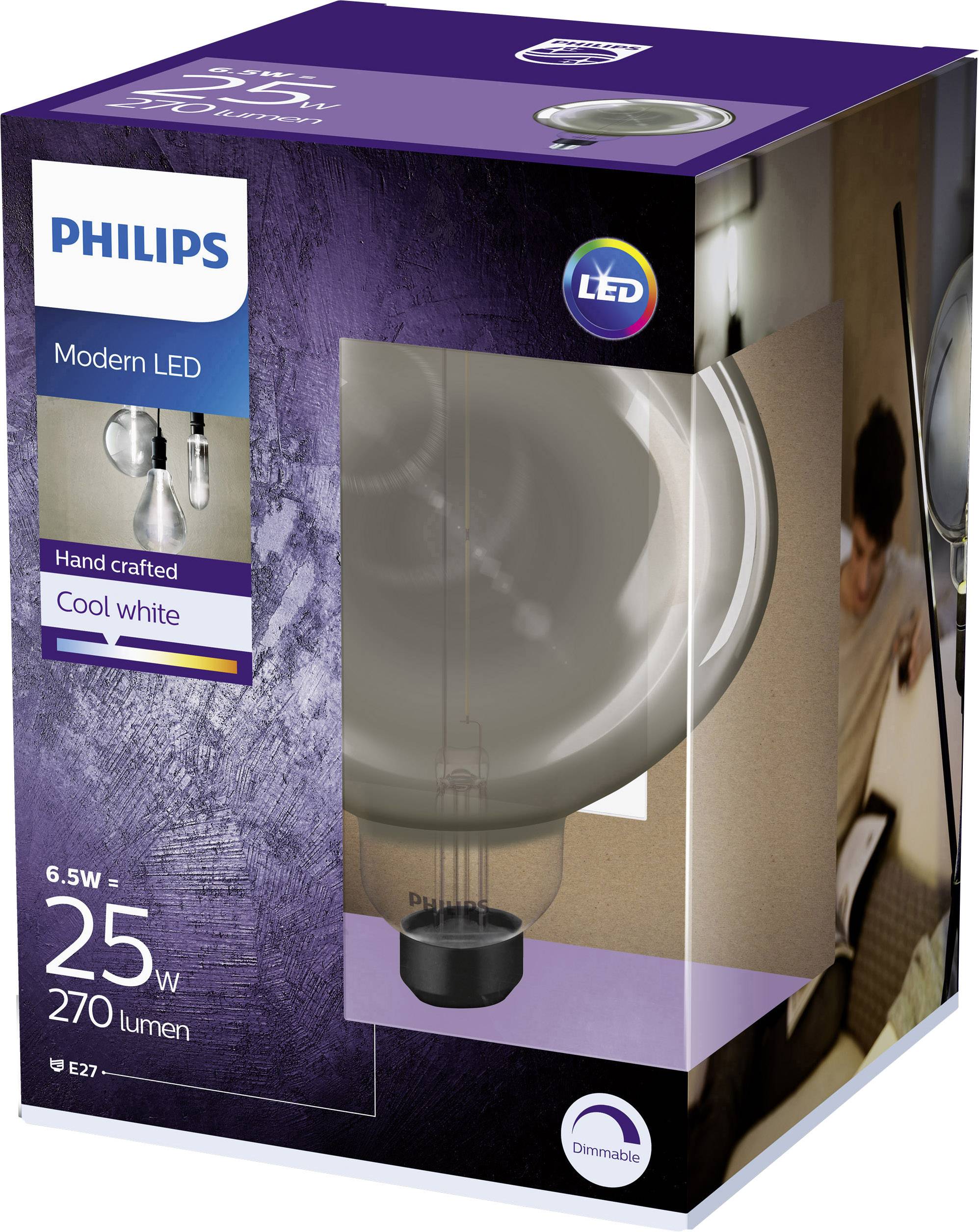 Philips LED žiarovka, 6,5 W, E27, 270 lúmenov, ekvivalent 25 W, moderný dizajn, stmievateľná, studená biela farba svetla, ručne vyrobená.