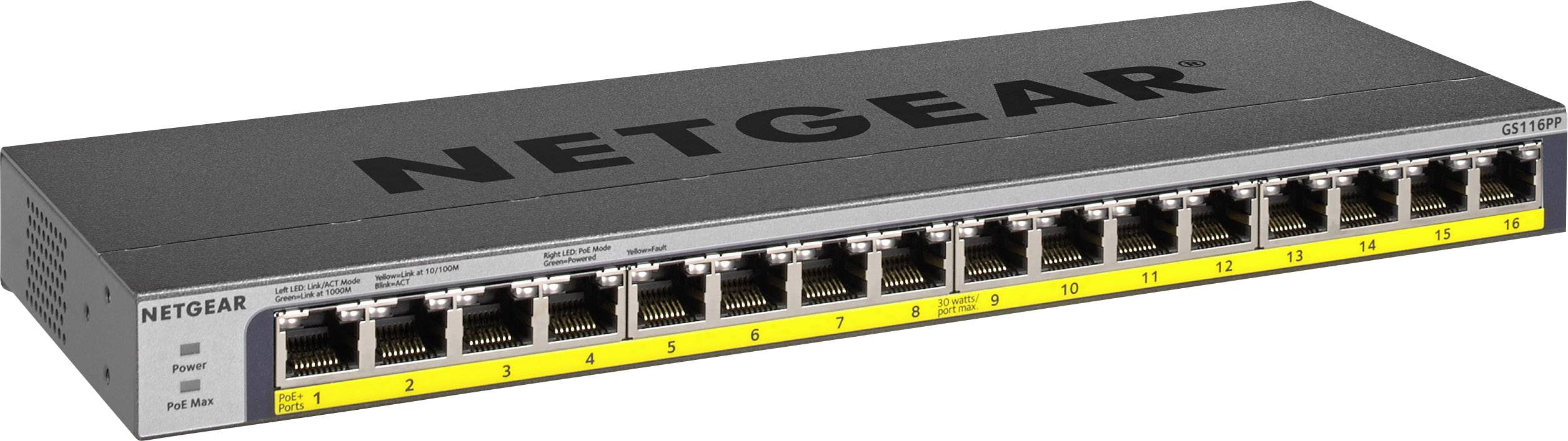 Netzgrät sieťový prepínač s 16 ethernetovými portami, modelové číslo GS116PP, vhodný pre použitie v podnikových sieťach.