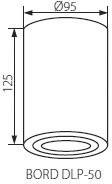 Výkres valcového objektu s výškou 125 a priemerom 95. Označený ako 'BORD DLP-50'.