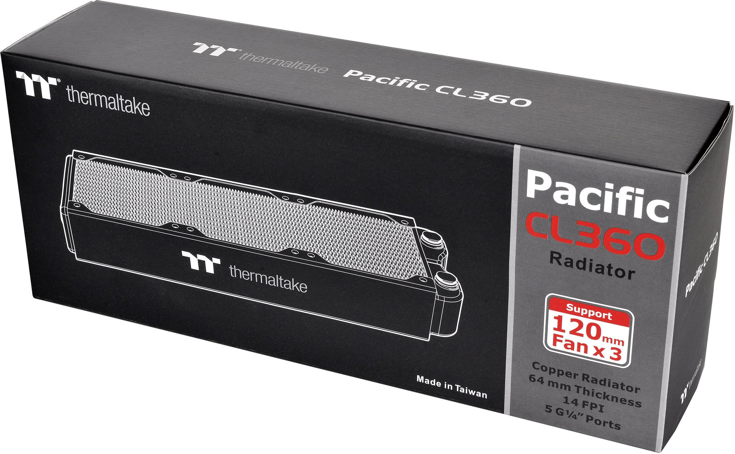 'Čierne balenie chladiča Thermaltake Pacific CL360 s medeným chladičom pre 120 mm ventilátory. Vyrobené na Taiwane.'