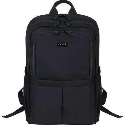 Čierny ruksak s viacerými priehradkami a horným úchytom, vhodný pre laptopy a školské potreby.
