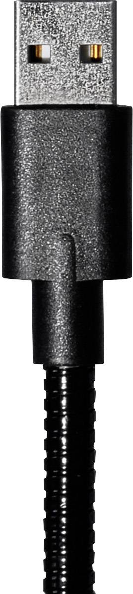 Čierna USB kábel so strieborným konektorom, ktorý sa typicky používa na pripojenie zariadení k počítačom.