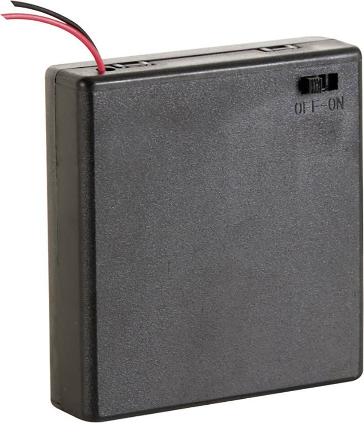 Čierna batériová skrinka s prepínačom označeným "OFF" a "ON" a dvoma vyčnievajúcimi drôtmi.