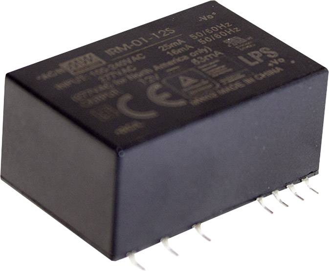 Obdĺžnikový elektronický komponent, pravdepodobne transformátor alebo spínací adaptér, s viacerými kovovými pinmi na jednej strane.