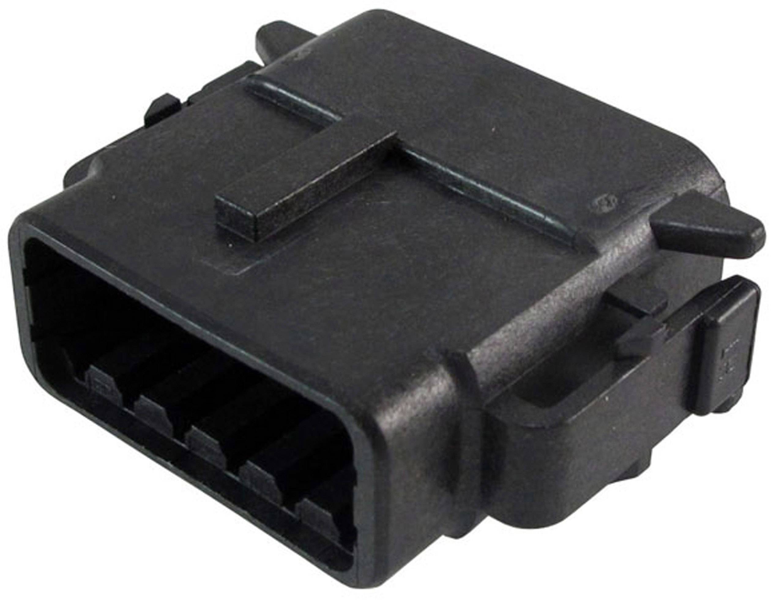 Čierny, obdĺžnikový elektrický konektor s viacerými pripájacími pinmi.
