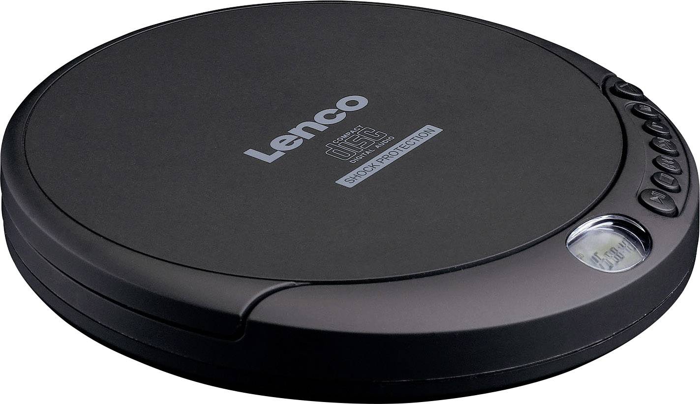 Prenosný CD prehrávač s nápisom 'Lenco' a 'Anti-Shock Protection'. Kryt je okrúhly a čierny s ovládacími tlačidlami na boku.