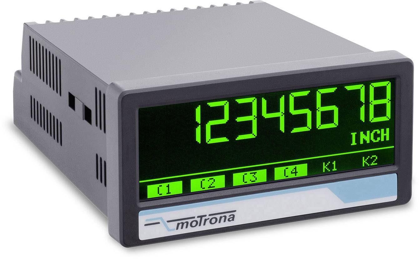 Digitálny displej v puzdre zobrazuje '12345678 INCH' na zelenom displeji. Označené tlačidlá C1 až C4 a K1, K2 sú umiestnené nižšie.