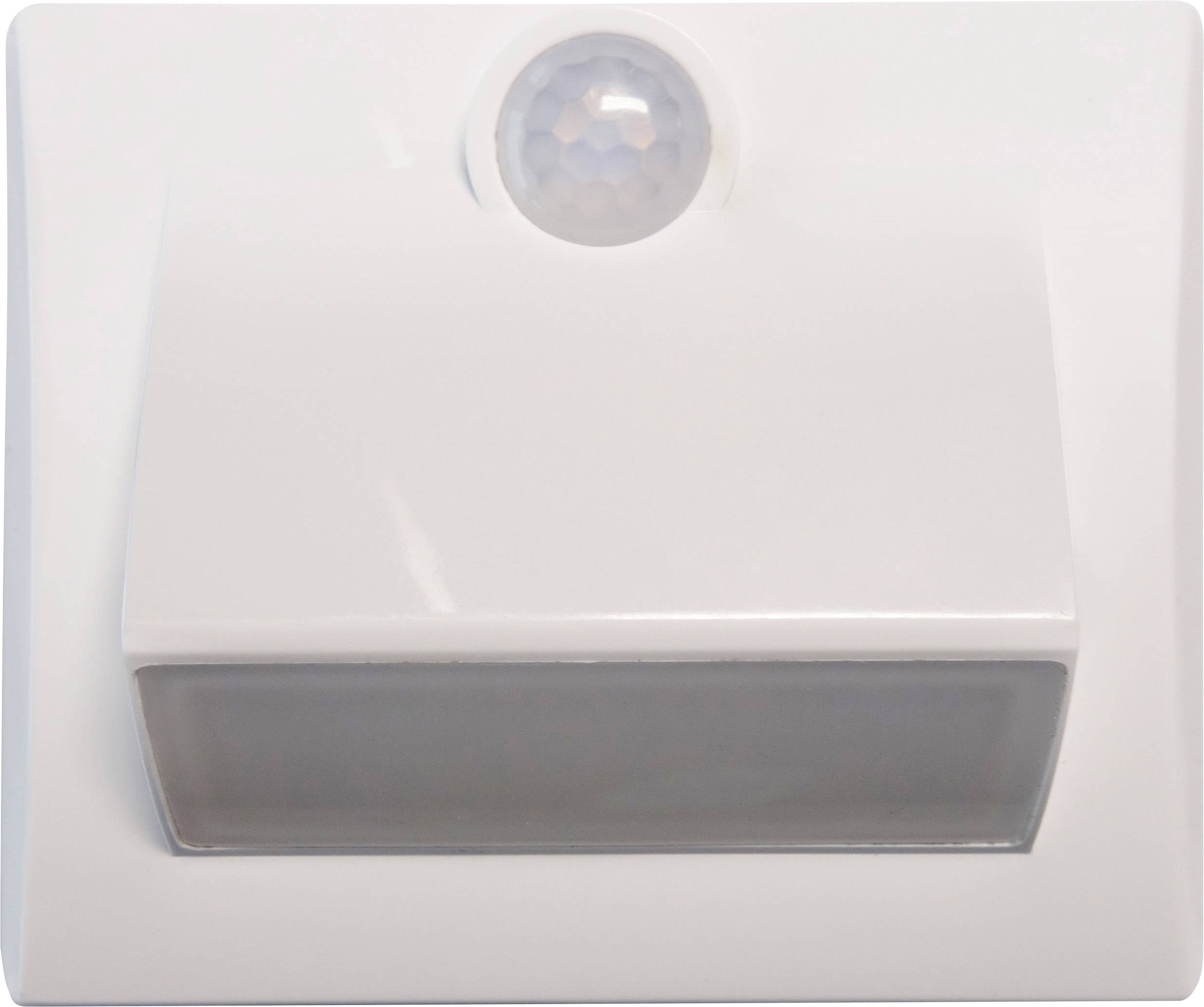 Biela LED nástenná lampa s integrovaným pohybovým senzorom, vhodná na osvetlenie priestorov v tme.