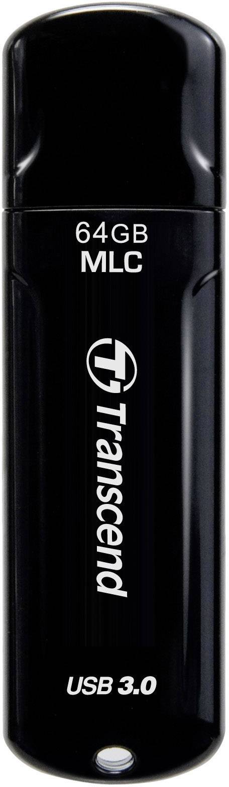Čierny USB kľúč s nápisom '64GB MLC, Transcend, USB 3.0'.