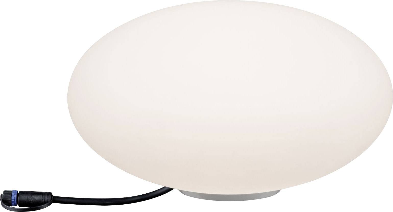 Okrúhla biela stolná lampa s čiernym textilným káblom.