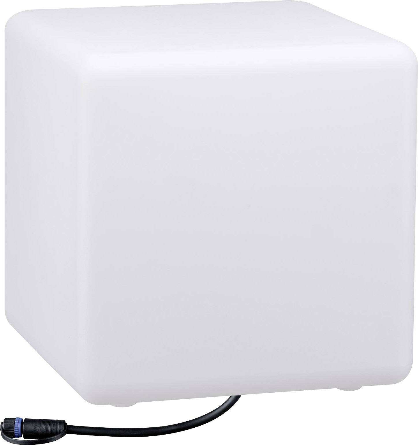 Biely, žiariaci kockovitý objekt s pripojeným elektrickým káblom, pravdepodobne používaný ako dekoratívna lampa alebo svetelný objekt.