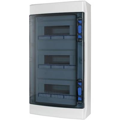 Sivý rozvádzač s priehľadnými dverami, ktorý zobrazuje niekoľko radov poistiek alebo elektrických komponentov.