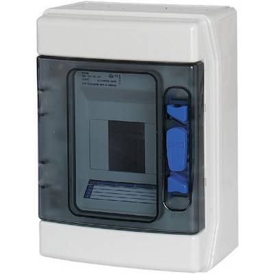 Biely elektrický rozvádzač s priehľadným plastovým krytom a modrými spínačmi. Navrhnutý pre montáž ochranných spínačov.