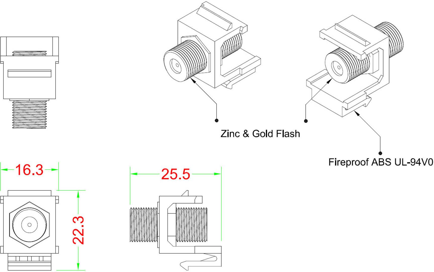 Výkres elektrickej zástrčky s rozmermi. Materiálové poznámky: 'Zinok & Zlatý povlak' a 'Nehorľavý ABS UL-94V0'.