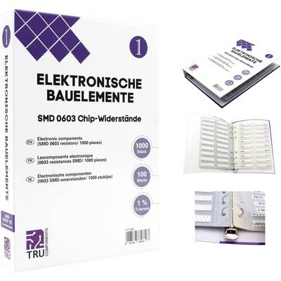 Elektronické komponenty Box obsahuje SMD 0603 čipové rezistory, 1000 kusov, 100 hodnôt, tolerancia 1%. Obsahuje vzorkovník.