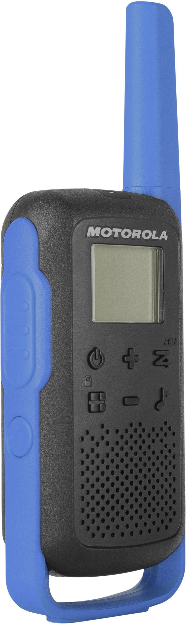 Čierno-modré Motorola walkie-talkie s displejom a tlačidlami na ovládanie hlasitosti a kanálov.