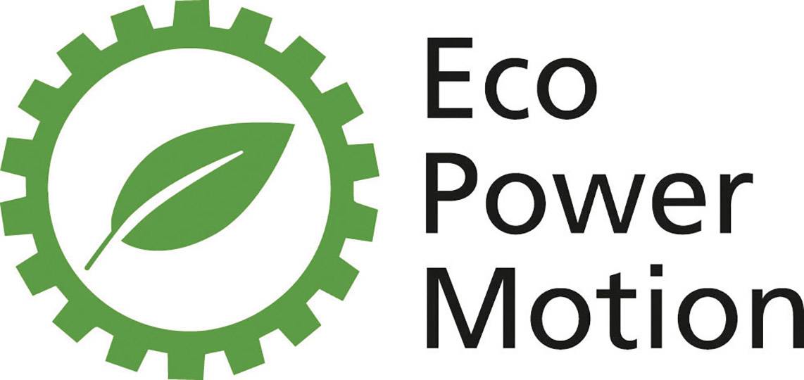 Zelené ozubené koleso s listom vnútri a textom 'Eco Power Motion' vedľa neho. Symbolizuje udržateľné technológie.