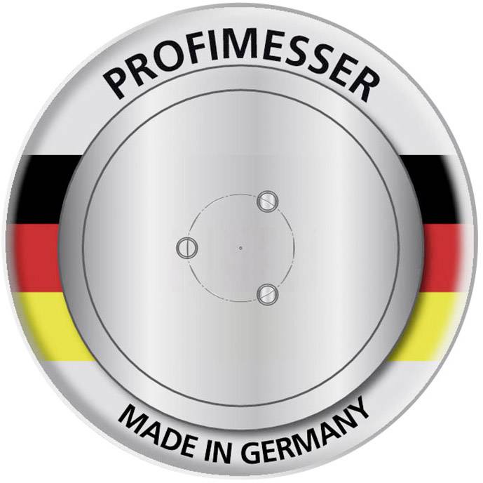 Okrúhly kovový štítok s nápisom 'PROFIMESSER MADE IN GERMANY', obklopený nemeckou vlajkou v prstenci.
