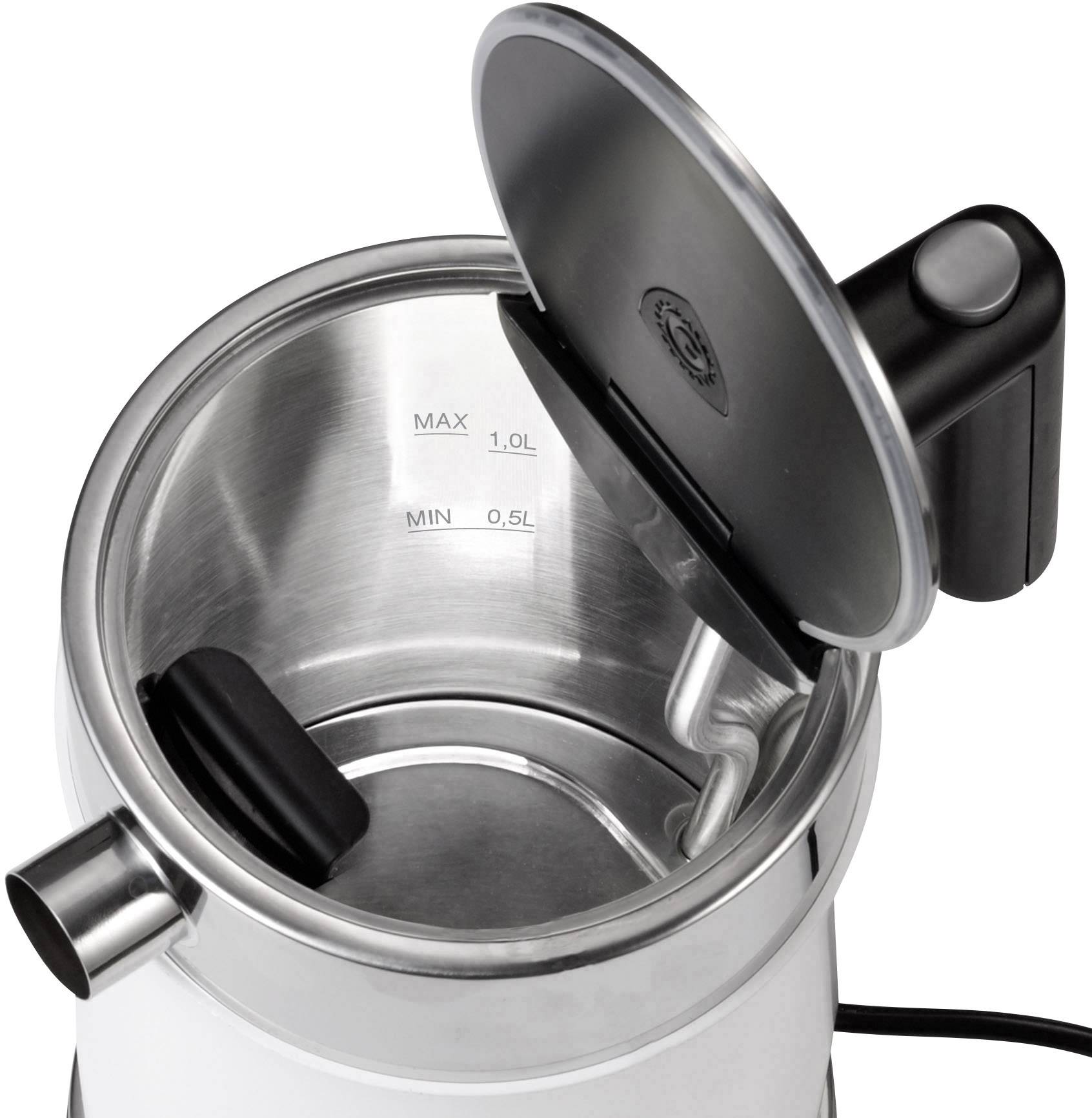 Elektrická kanvica s otvorený vekom, internými značkami pre maximálne (1,0 l) a minimálne (0,5 l) naplnenie.