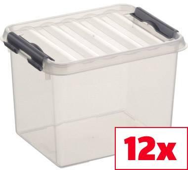 Priehľadná úložná krabica s vekom a čiernymi uzávermi. Červený symbol zobrazuje '12x', čo naznačuje dvanásť krabíc.