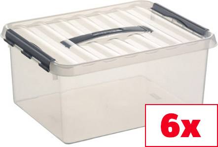 Priehľadný plastový box s vekom a rukoväťou. V pravom dolnom rohu obrázka je umiestnený červený štvorček s nápisom '6x'.