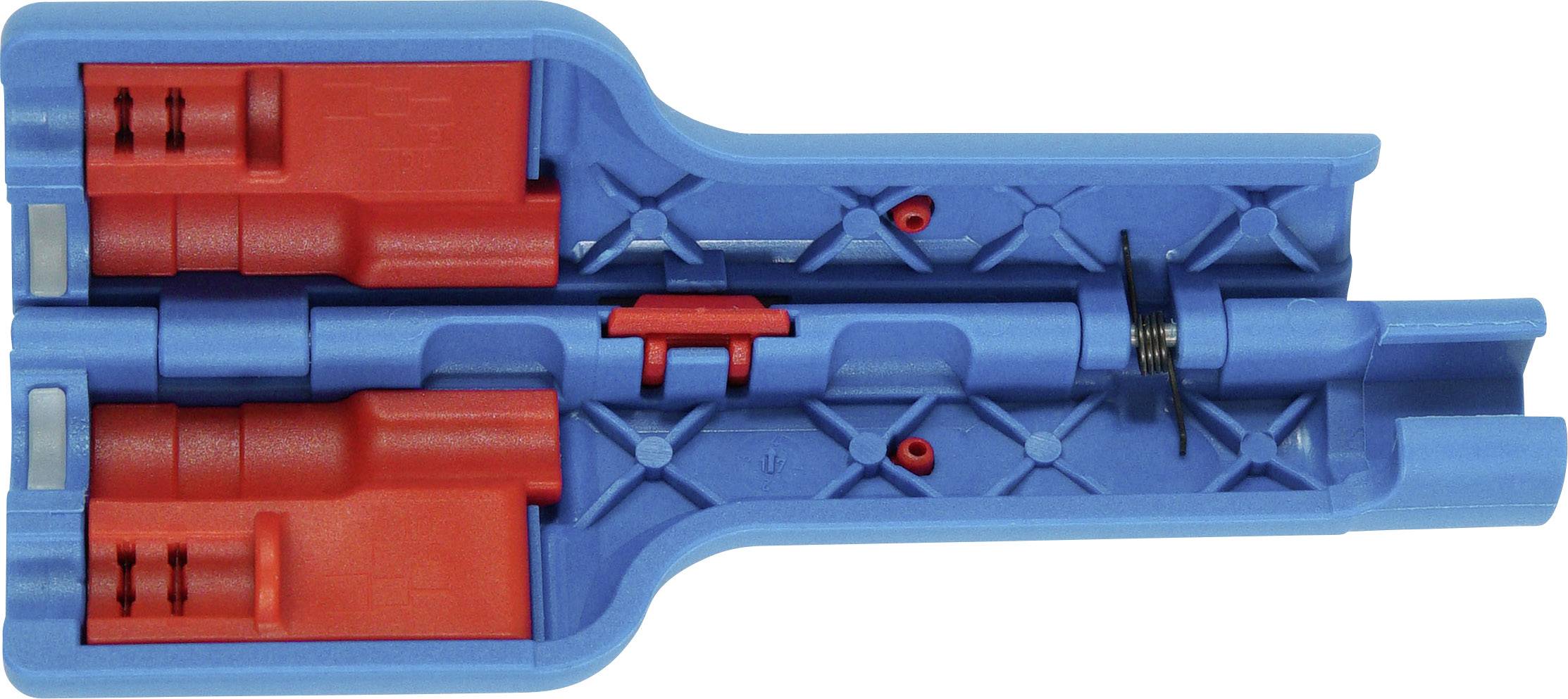 Priečny rez modrého a červeného konektora s pružinovým mechanizmom, ktorý odhaľuje vnútorné komponenty a jeho štruktúru.