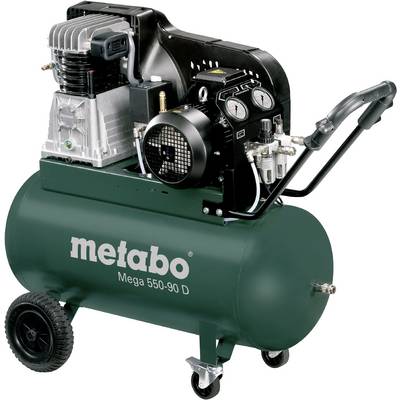Zelený vzduchový kompresor na kolieskach so logom 'metabo', model 'Mega 550-90 D', s manometrami a tlakovými ventilmi.