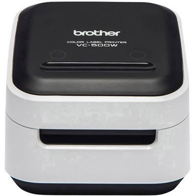 Čiernobiely tlačiar etikiet s nápisom 'Color Label Printer VC-500W' na vrchu.