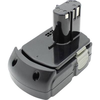 Čierny akumulátorový pack s dvoma kovovými kontaktmi. Vhodný pre bezdrôtové elektrické nástroje alebo zariadenia, prenosný a dobíjateľný.