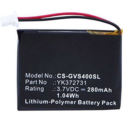 Čierny lítiovo-polymérový akumulátor s bielou zástrčkou; nápis zobrazuje model č. 'CS-GVS400SL', číslo dielu 'YK372731', 3,7 V, 280 mAh.