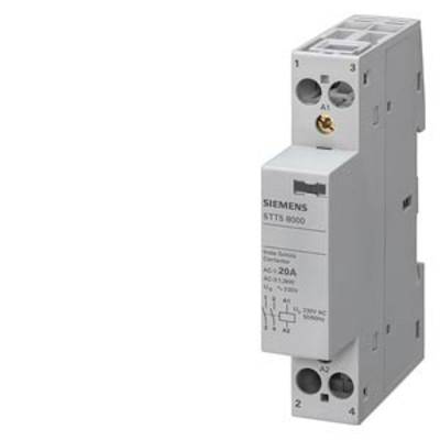 Sivé časové relé Siemens, model 5TT5 8000: Nápis 'AC1 20A, 230V, 50Hz'. Elektronické riadiace zariadenie pre rozvádzače.