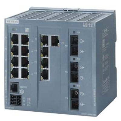Priemyselný sieťový prepínač s viacerými ethernetovými portami a optickými prípojkami na prenos dát v automatizačných systémoch.