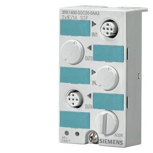 Elektrické riadiace zariadenie od Siemensu s prípojkami a spínačmi, model '3RK1400-0GQ20-0AA3', určené pre priemyselné aplikácie.