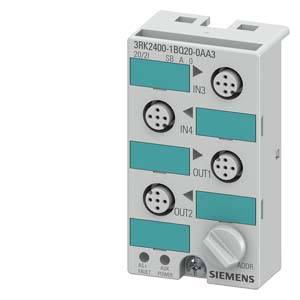 Modul Siemens s viacerými okrúhlymi konektormi, označený štítkami 'IN3', 'IN4', 'OUT1' a 'OUT2'. Číslo modelu: '3RK2400-1BQ20-0AA3'.