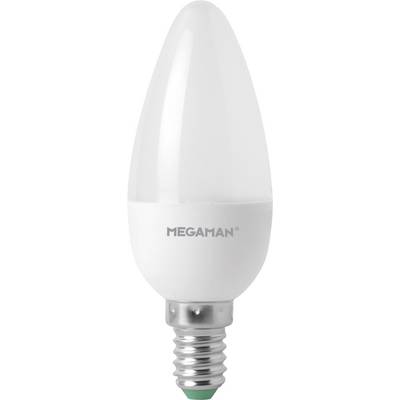 LED sviečková žiarovka s päticou E14. Je označená nápisom 'MEGAMAN'.