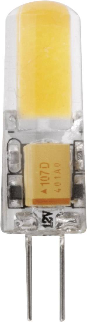 LED-lampa s priehľadným krytom, žltou svietiacou oblasťou a dvoma kovovými kolíkmi na elektrifikáciu. Vhodná pre technické aplikácie.