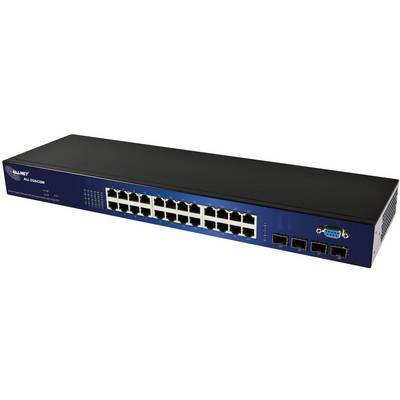 Sieťový prepínač s 24 ethernetovými portami a 4 ďalšími rozhraniami. Kryt v modrej a čiernej farbe.