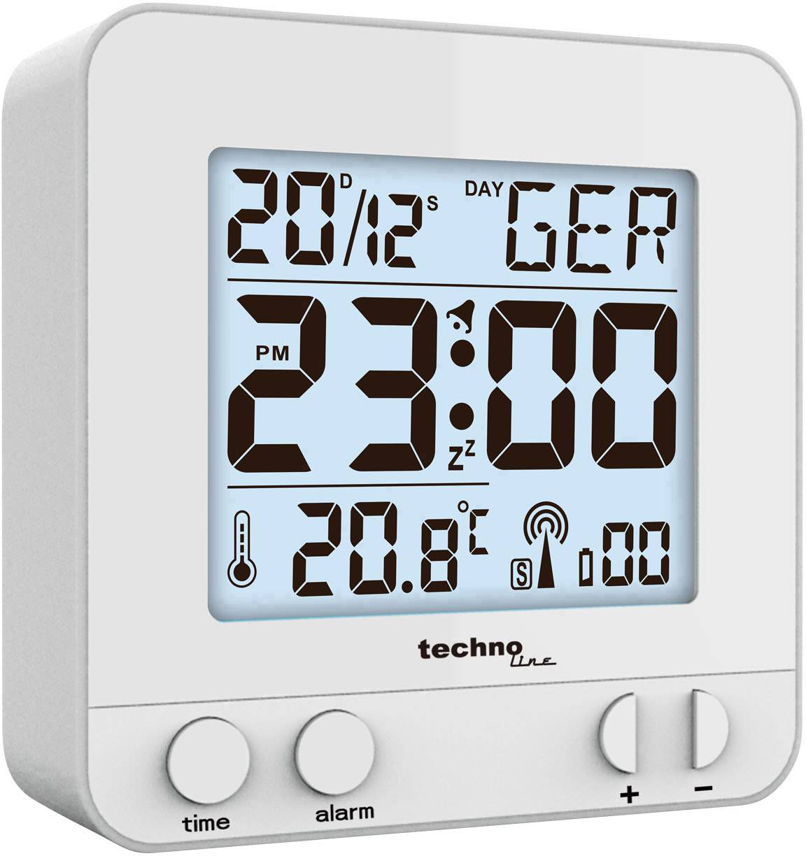 Digitálne hodiny s dátumom: '20/12', deň v týždni 'GER', čas '23:00 PM', teplota '20.8°C', symboly budíka a sily signálu.