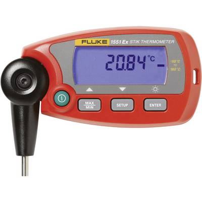 Červený digitálny teplomer ukazuje '20,84°C'. Značka: Fluke, Model: 1551 Ex Stik. Teplotný rozsah: -50°C až 160°C.