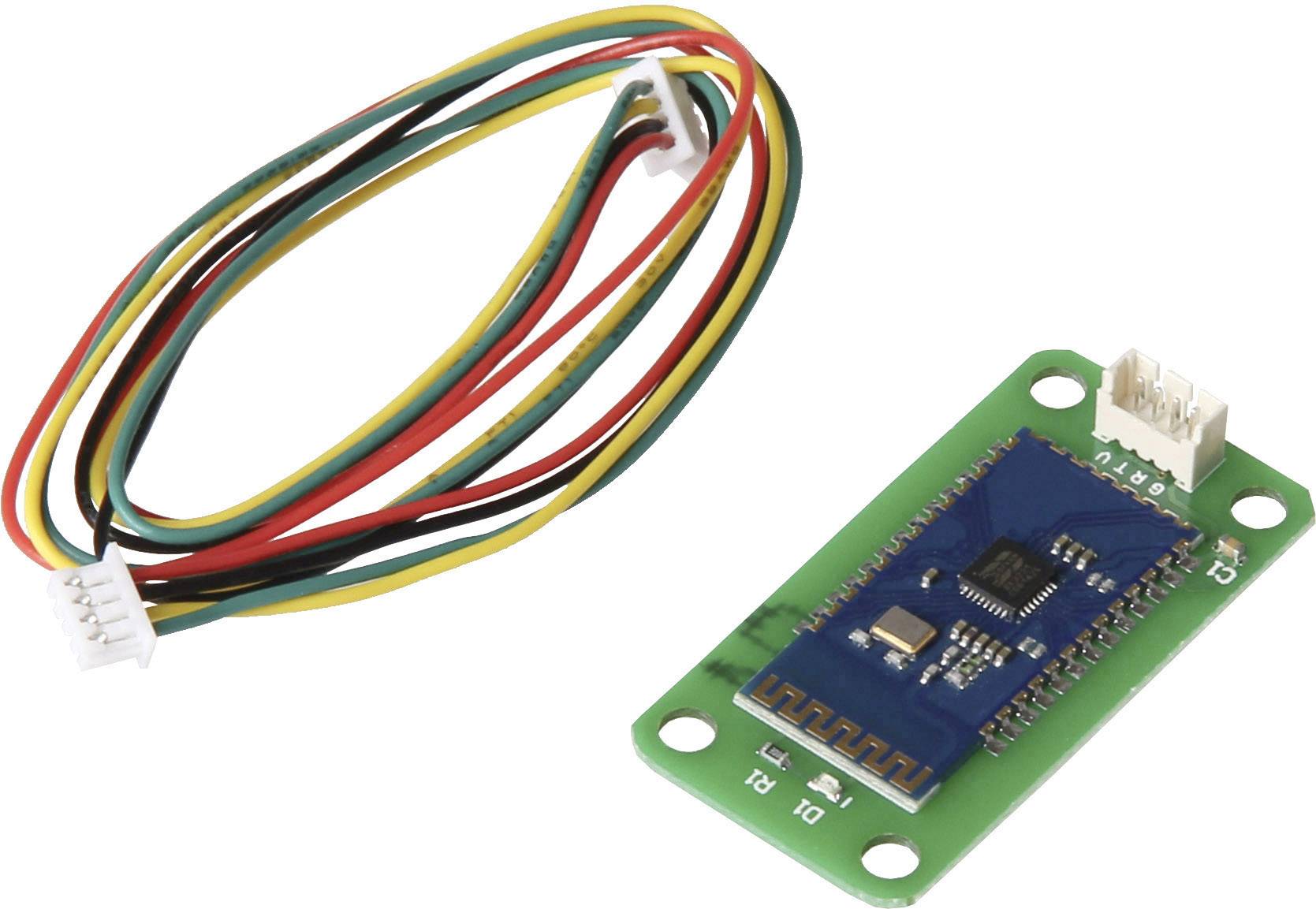 Zelený Bluetooth modul so svetlomodrou doskou plošných spojov, konektorom a viacfarebným káblom s bielymi konektormi, na bielom pozadí.