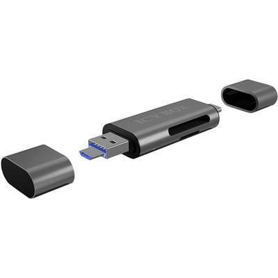 Čierny USB kľúč s modrým konektorom, so snímateľnými krytkami na oboch koncoch. Na kľúči viditeľný text 'ICY BOX'.