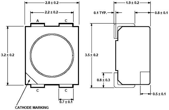 Diagram elektronickej komponenty s rozmermi: šírka 3,2±0,2 mm, výška 3,2±0,2 mm, zobrazuje označenie katódy a vývodov.